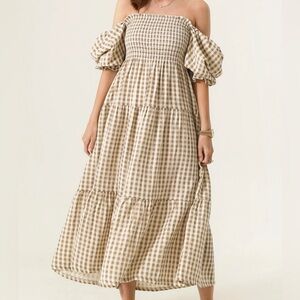 Off-Shoulder Gingham Midi Dress in Beige